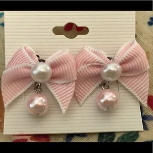 Pink Bow Earrings With Simulated Pearl Accents